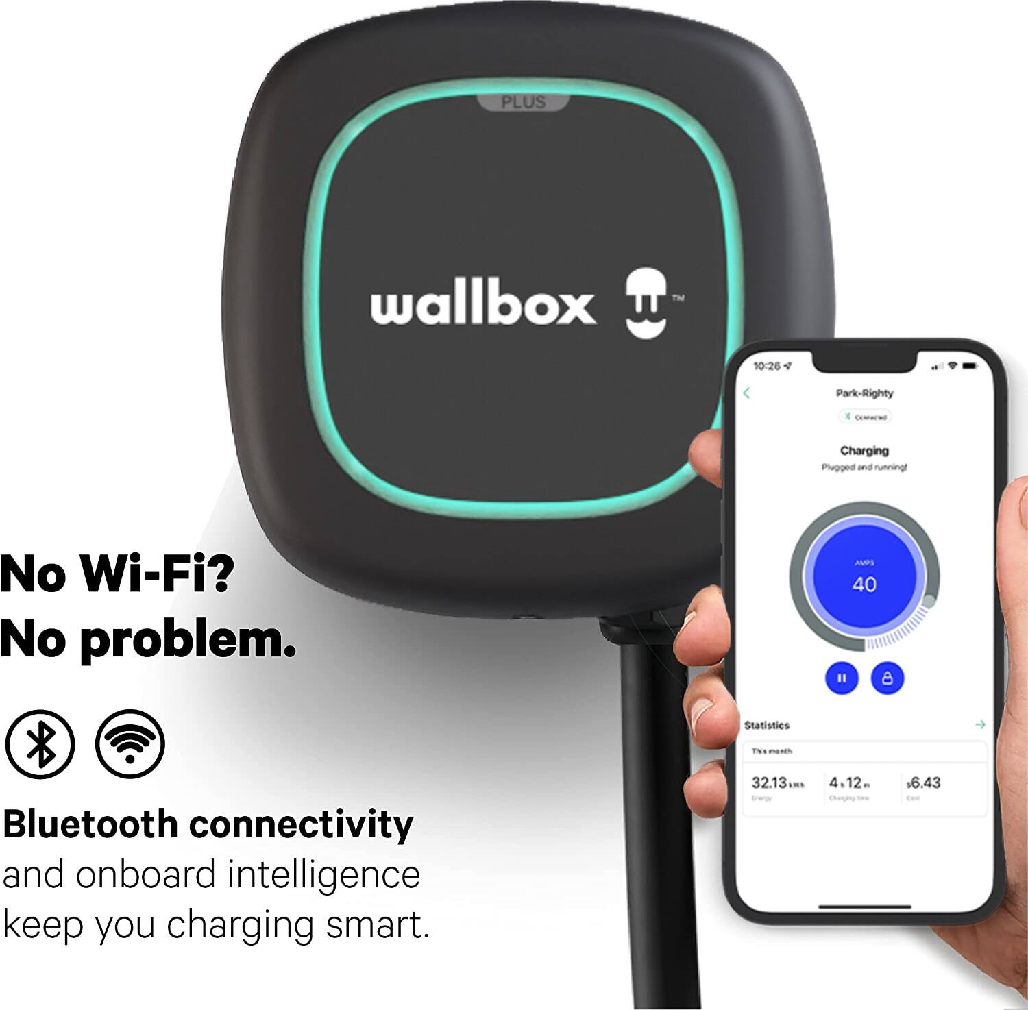 The image features a person holding a smartphone next to a wall box, which is an electric vehicle charger. The phone displays information about the charger, such as its charging capabilities and connectivity. The wall box is designed to provide a convenient and efficient charging solution for electric vehicles. The image emphasizes the convenience and intelligence of the wall box, as it can be controlled and monitored through the smartphone app.