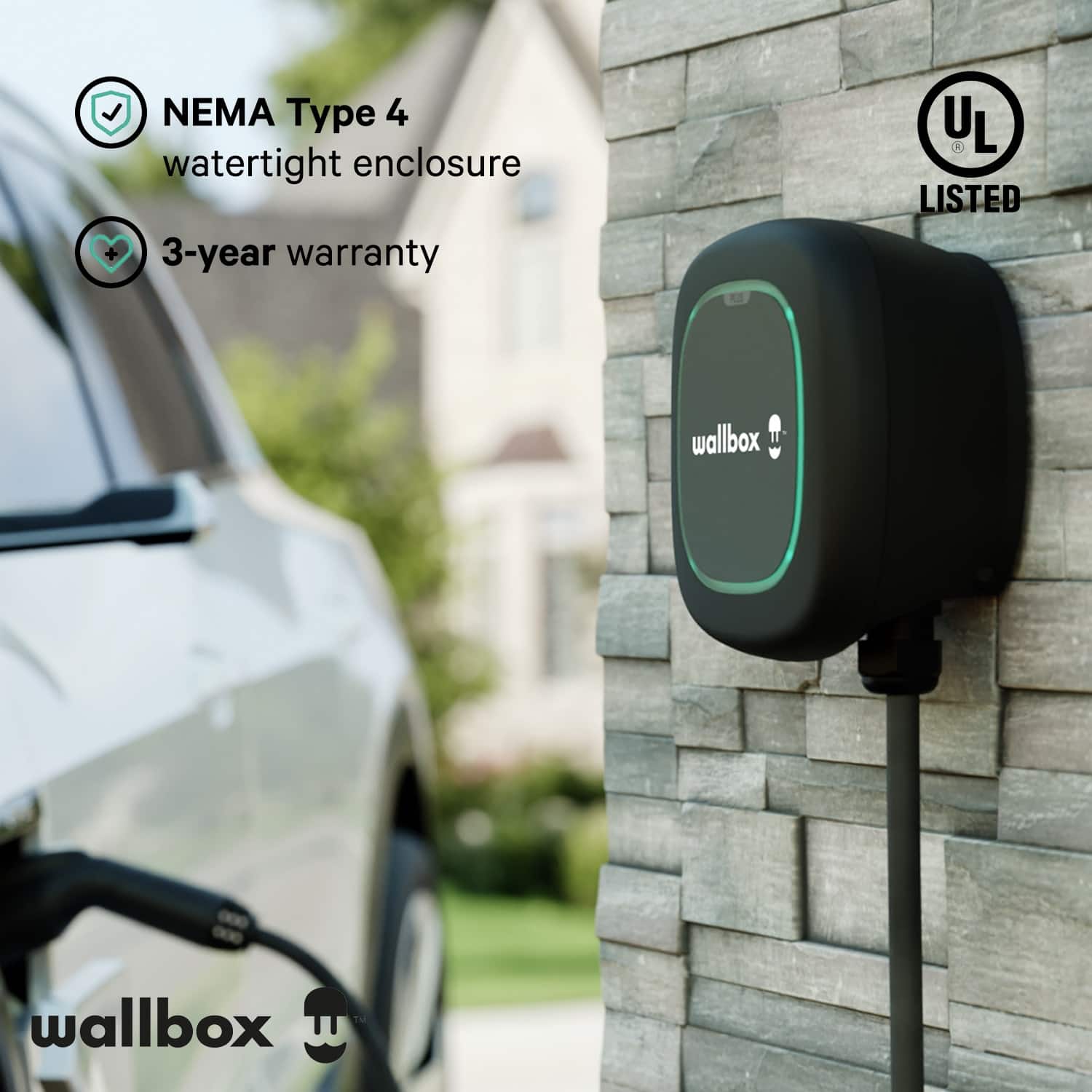 The image features a Wallbox electric vehicle charger, which is a NEMA Type 4 watertight enclosure with a 3-year warranty. The charger is connected to a car and is mounted on a brick wall. The charger is UL listed, ensuring safety and reliability for users.