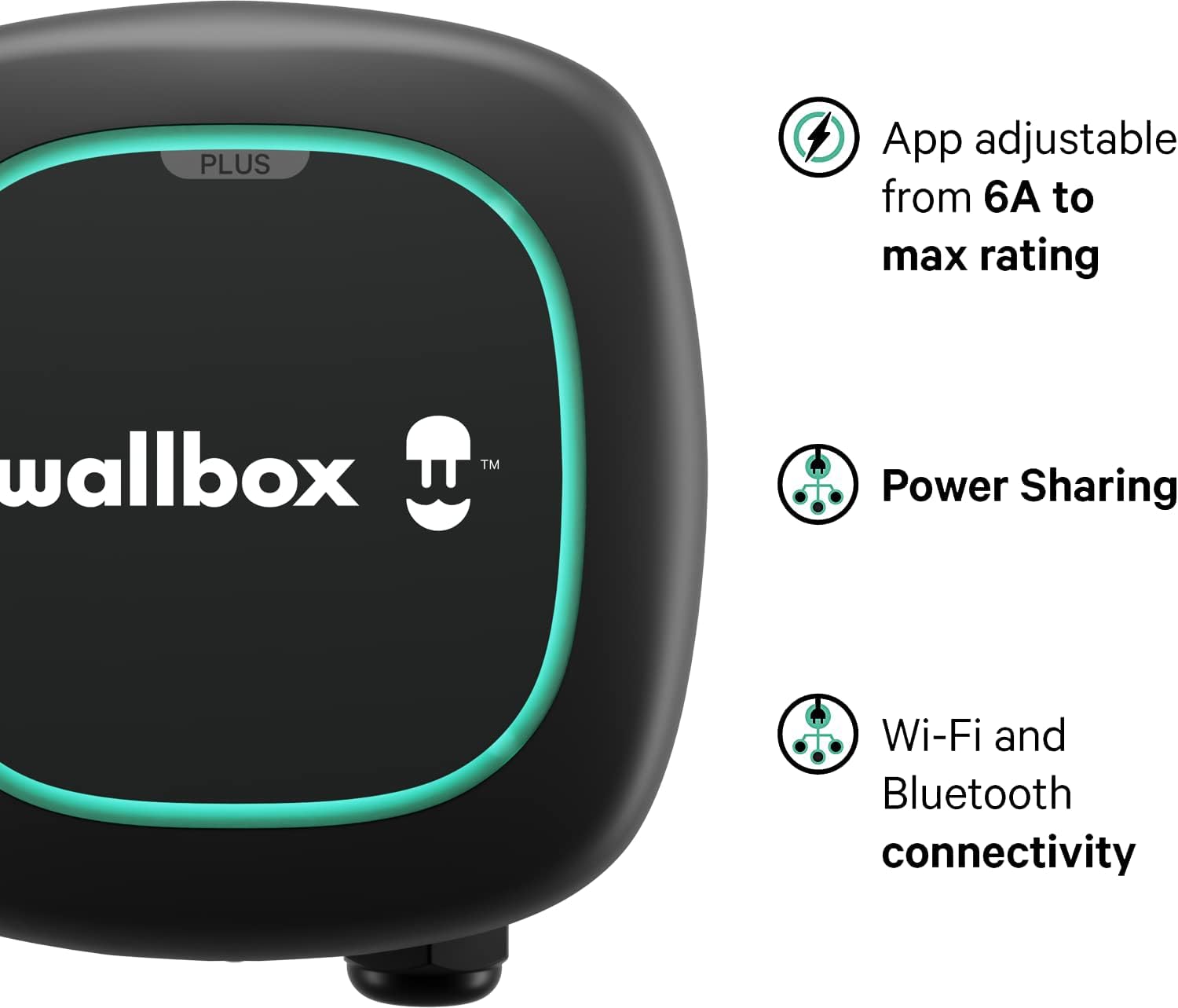 PLUS App adjustable from 6A to max rating wallbox TM Power Sharing Wi-Fi and Bluetooth connectivity