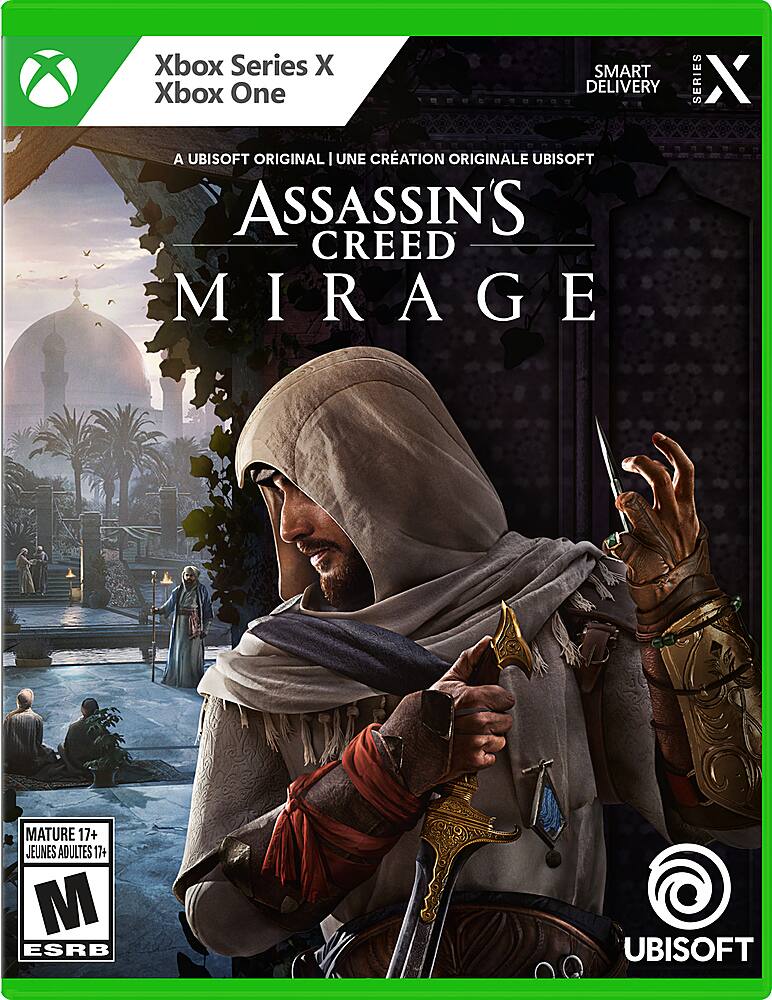 Xbox Series X  
Xbox One  
SMART DELIVERY  
A UBISOFT ORIGINAL | UNE CRÉATION ORIGINALE UBISOFT  
ASSASSIN'S CREED MIRAGE  
MATURE 17+  
JEUNES ADULTES 17+  
M ESRB  
UBISOFT
