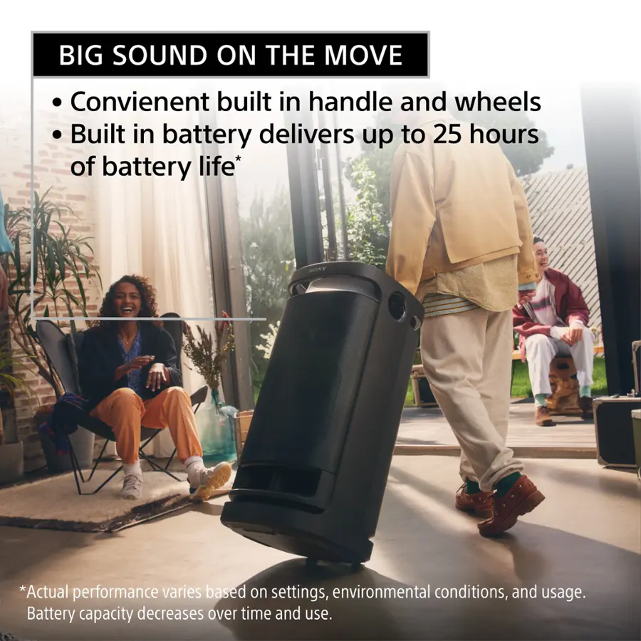 Big Sound on the Move: Convenient built-in handle and wheels, built-in battery delivers up to 25 hours of battery life.