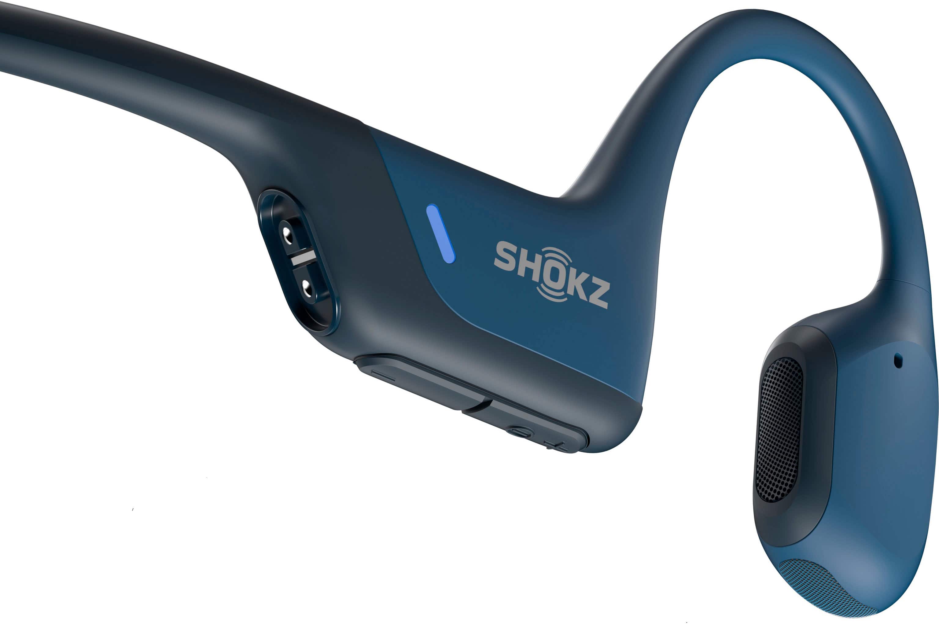Left. Shokz - OpenRun Pro Premium Bone Conduction Open-Ear Sport Headphones - Steel Blue.