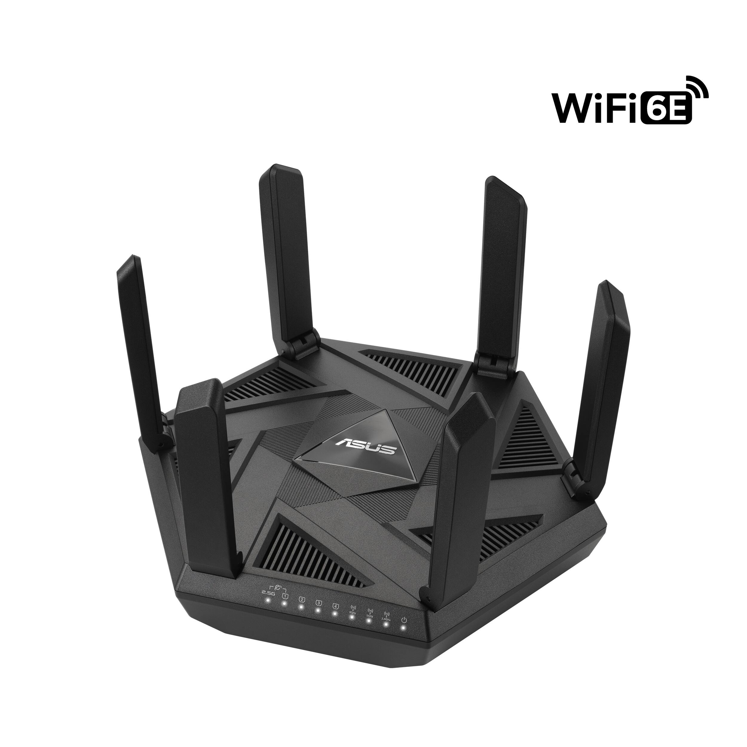 The image features a WiFi 6E ASUS device, which is a router designed to provide high-speed internet connectivity. The router has a black and gray color scheme and is placed on a white background. The device is equipped with four antennas, which are positioned at different angles to ensure optimal signal reception. The WiFi 6E ASUS router is designed to support the latest WiFi 6E technology, offering improved performance and faster speeds compared to older WiFi standards.