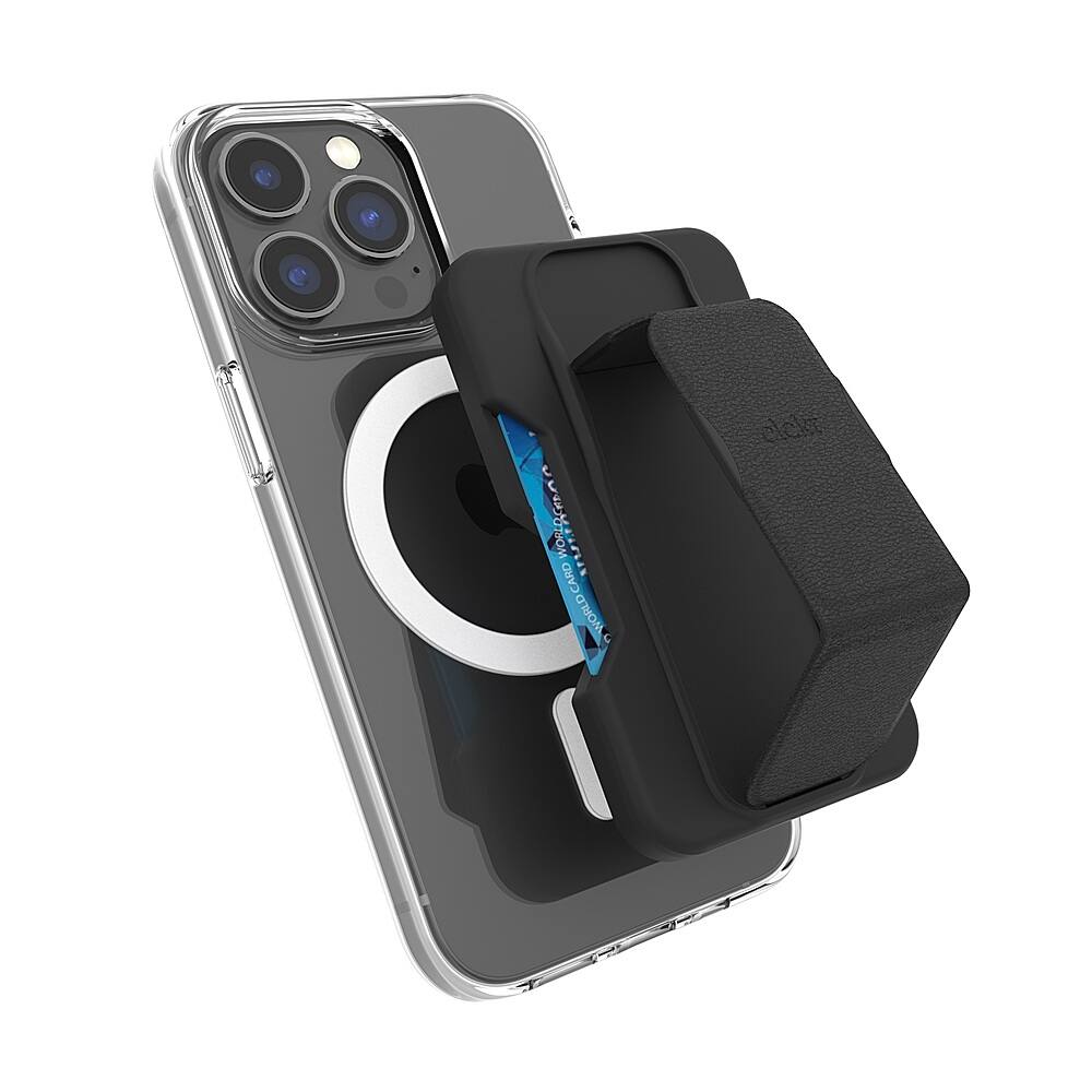 Angle. CLCKR - Phone Grip and Stand Wallet for MagSafe Compatible Phones - Black.