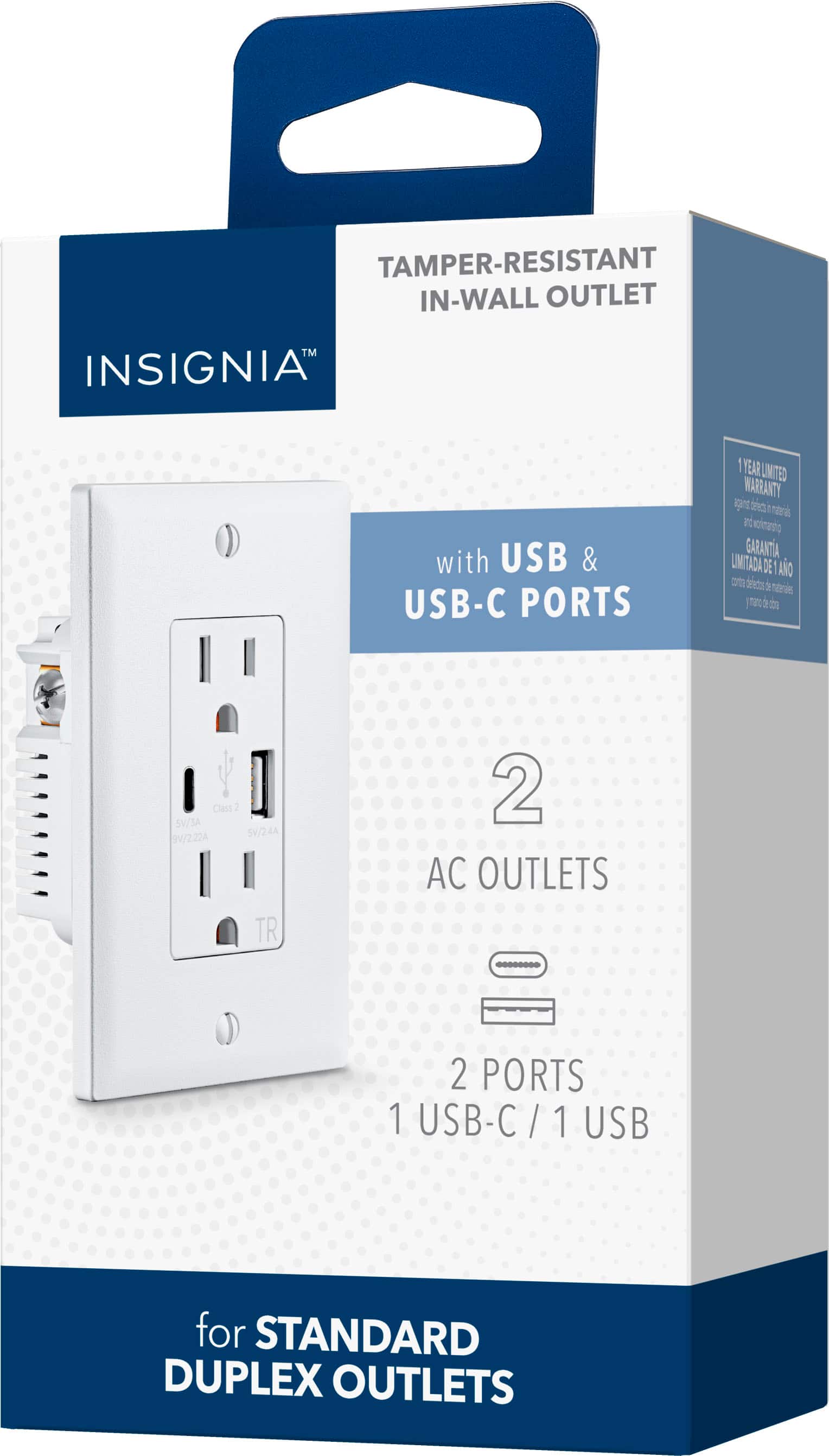 Alt View 13. Insignia™ - Dual AC and USB/USB-C In-Wall Outlet - White.