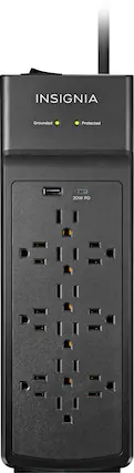 Front. Insignia™ - 12-Outlet/1-USB-C/1-USB 3,600 Joules Surge Protector Strip - Black.