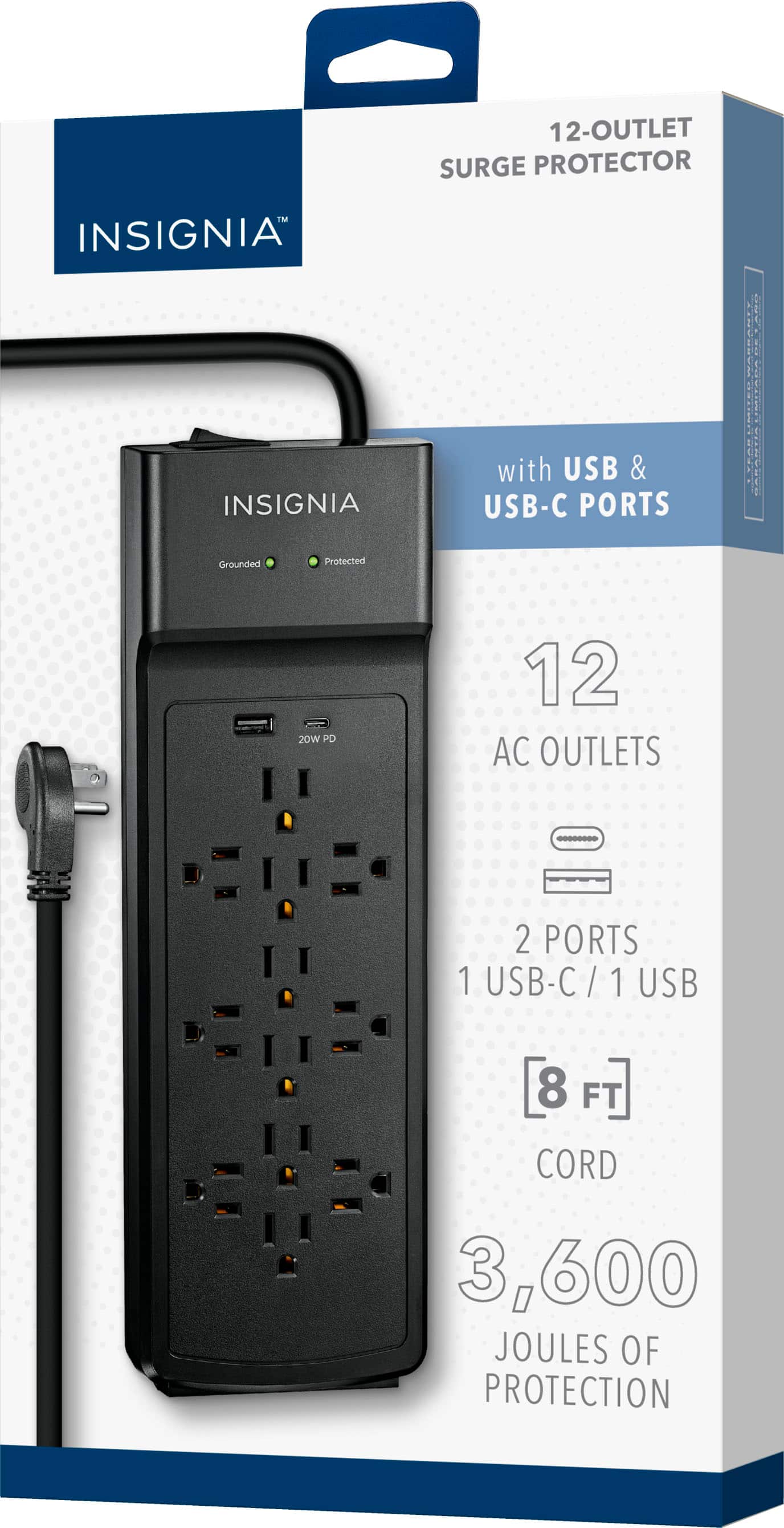 Alt View 17. Insignia™ - 12-Outlet/1-USB-C/1-USB 3,600 Joules Surge Protector Strip - Black.
