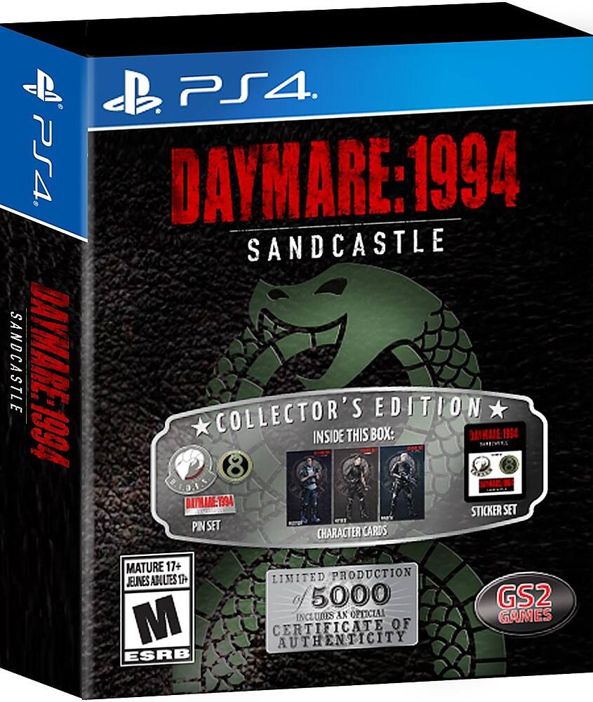The image features a box for Daymare: 1994 Sandcastle Edition, which includes a collector's edition book, a pin set, a sticker set, and cards. The box is designed to look like a snake, adding a unique touch to the packaging. The game is rated M for mature and is suitable for players 17 years and older. The limited production of 5,000 copies ensures that this edition is a rare and collectible item for fans of the game. The box also includes an official Games Rating Authority certificate of authenticity, which guarantees the authenticity of the product. - M (Mature 17+)
