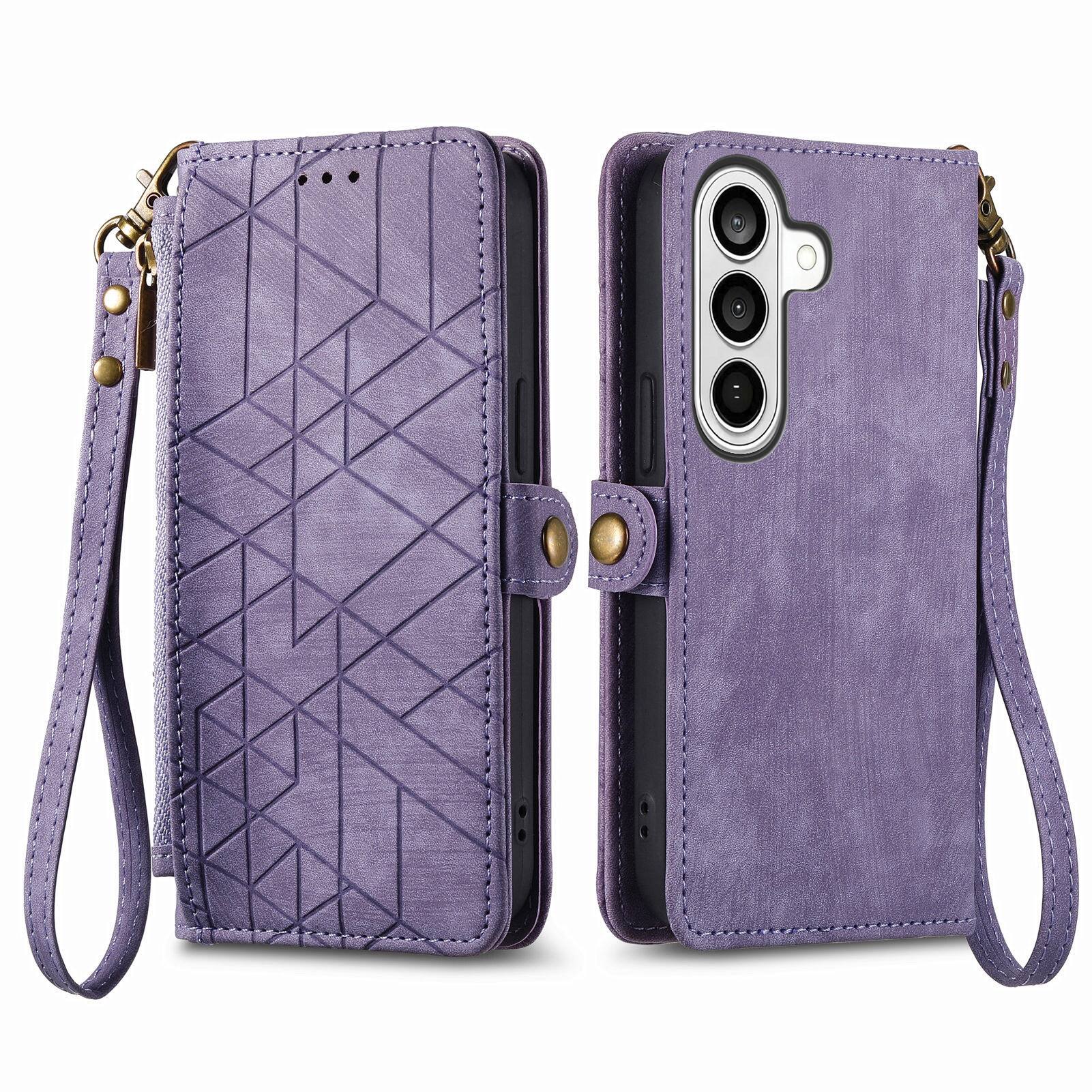 Alt View 1. Dteck - For Samsung Galaxy S25 Plus Zipper Wallet PU Leather Handbag Purse Flip Kickstand Card Slots Holder Wrist Strap Cover - Purple.