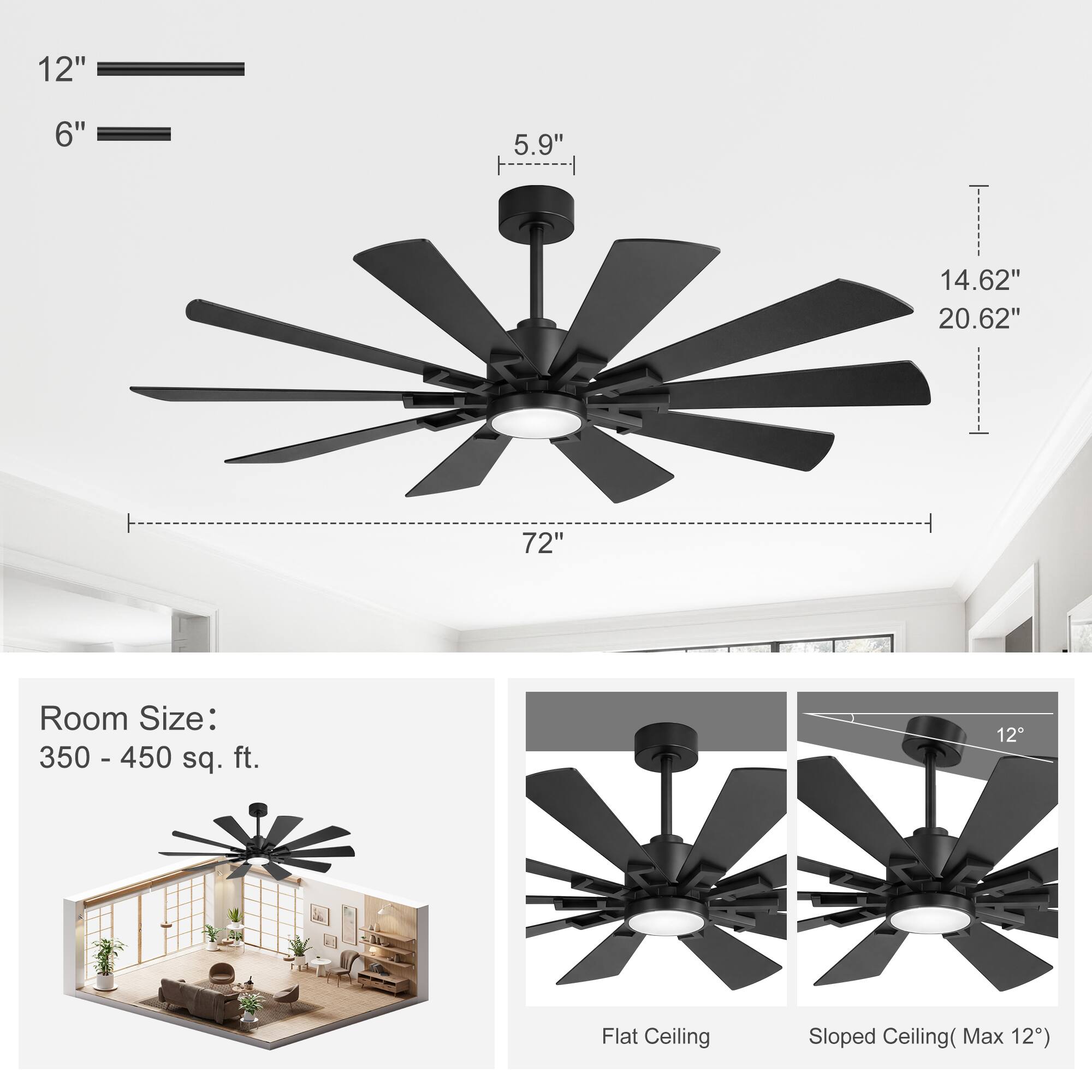12"  
6"  
5.9"  
14.62"  
20.62"  
72"  

Room Size: 350 - 450 sq. ft.  

Flat Ceiling  
Sloped Ceiling (Max 12")