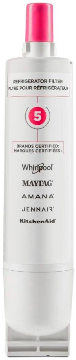 The text on the image reads: "Refrigerator Filter Pour Refrigerateur 5 Marques Certifies: Whirlpool, Maytag, Amana, JennAir, KitchenAid."