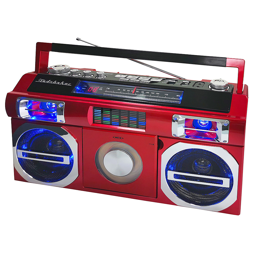 Left View: Studebaker - Bluetooth Boombox with FM Radio, CD Player, 10 watts RMS - Red