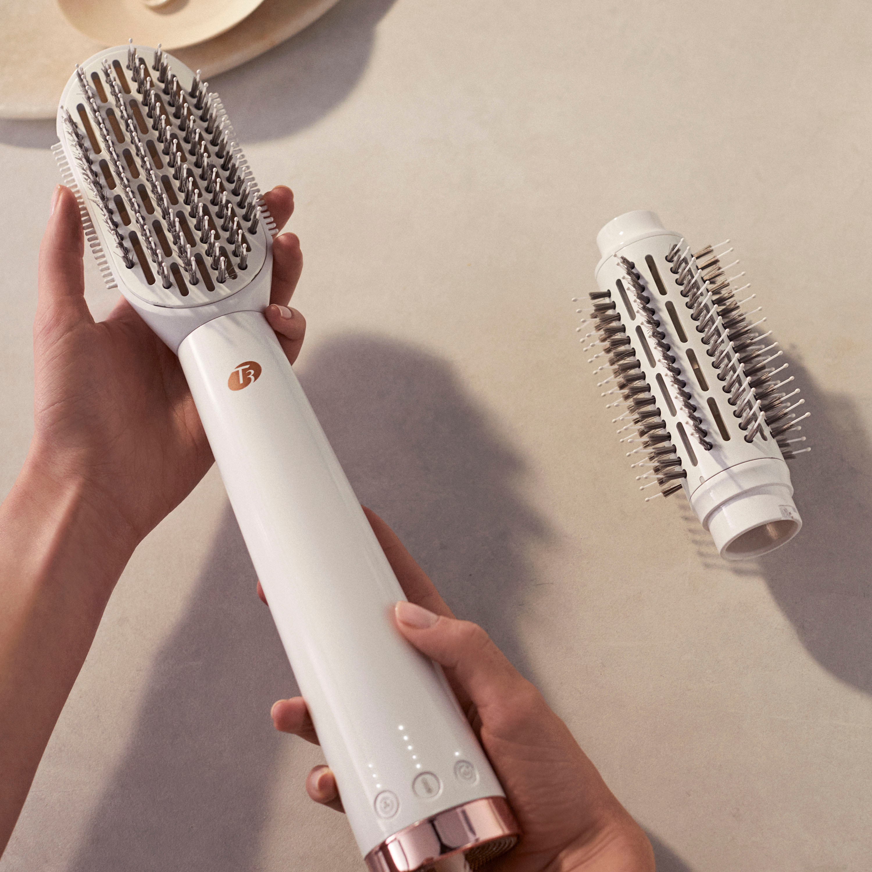 Angle View: T3 - AireBrush Duo Interchangeable Hot Air Blow Dry Brush with Two Attachments - White & Rose Gold