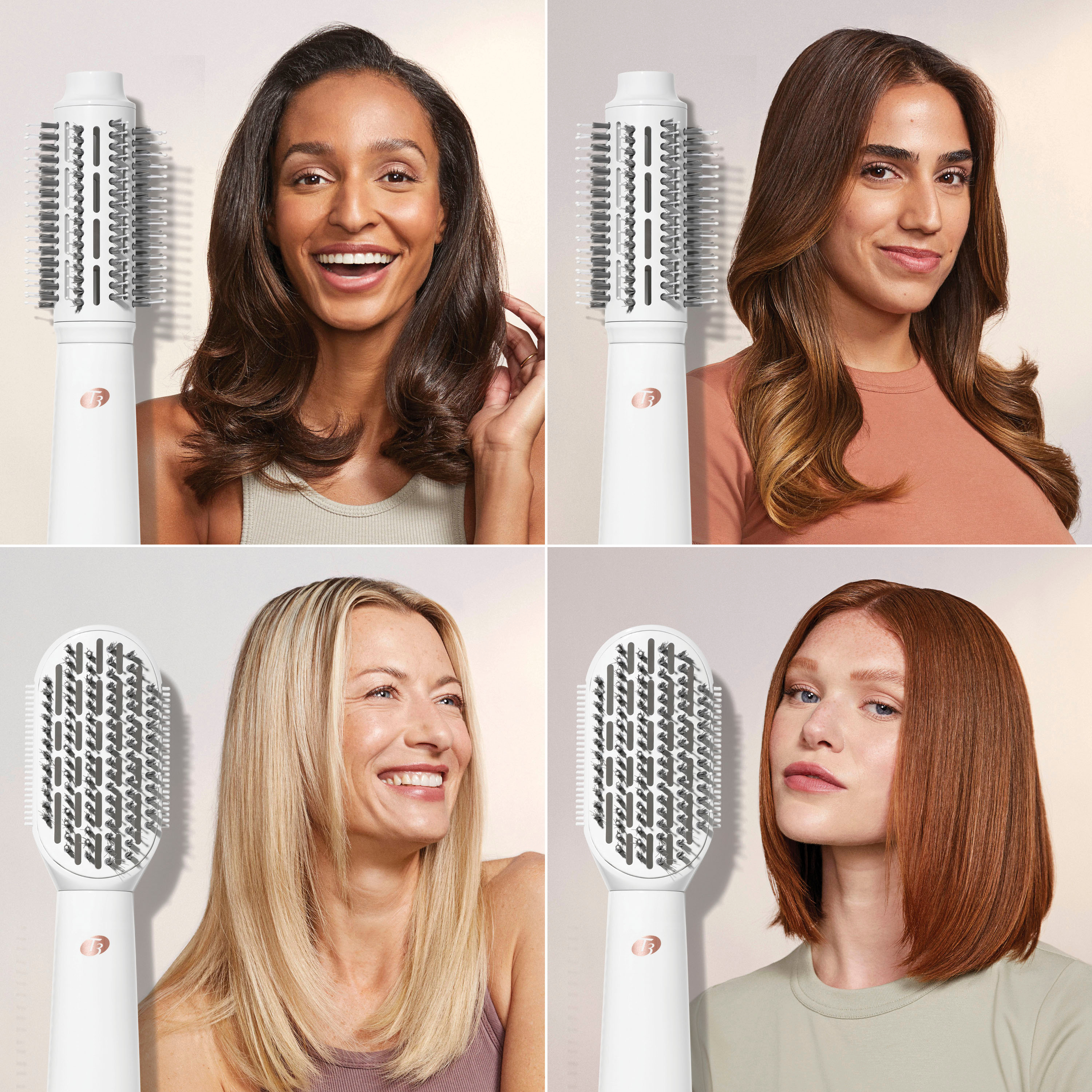 Left View: T3 - AireBrush Duo Interchangeable Hot Air Blow Dry Brush with Two Attachments - White & Rose Gold