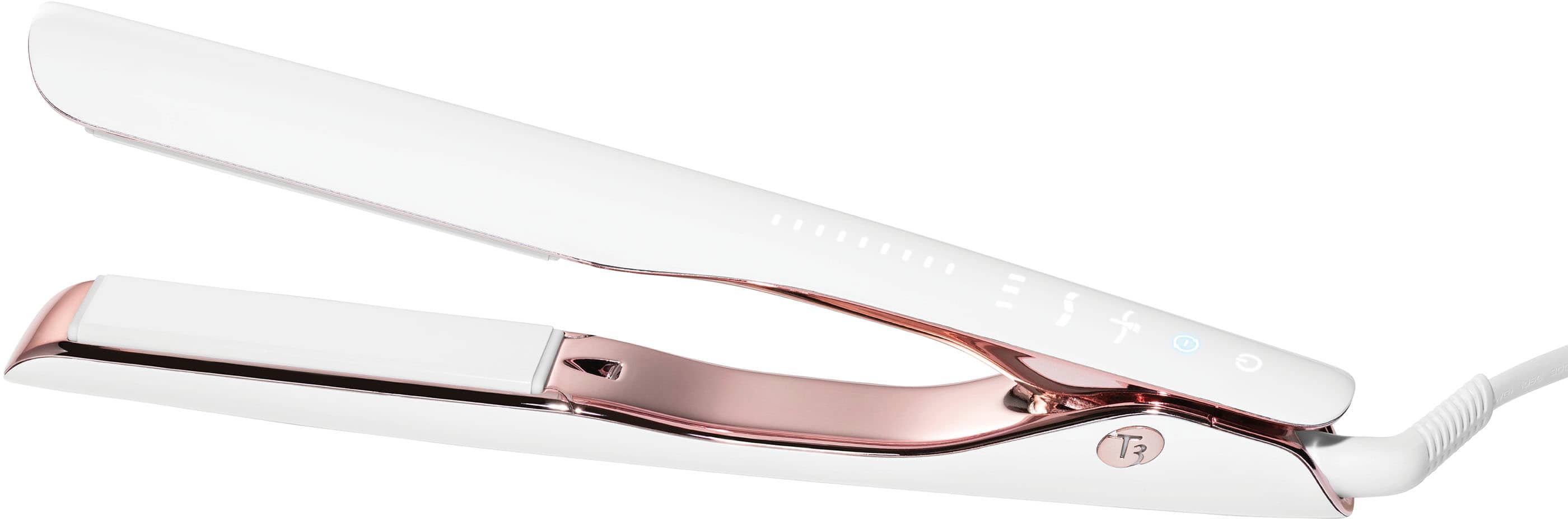Angle. T3 - Smooth ID 1” Smart Flat Iron with Touch Interface - White & Rose Gold.