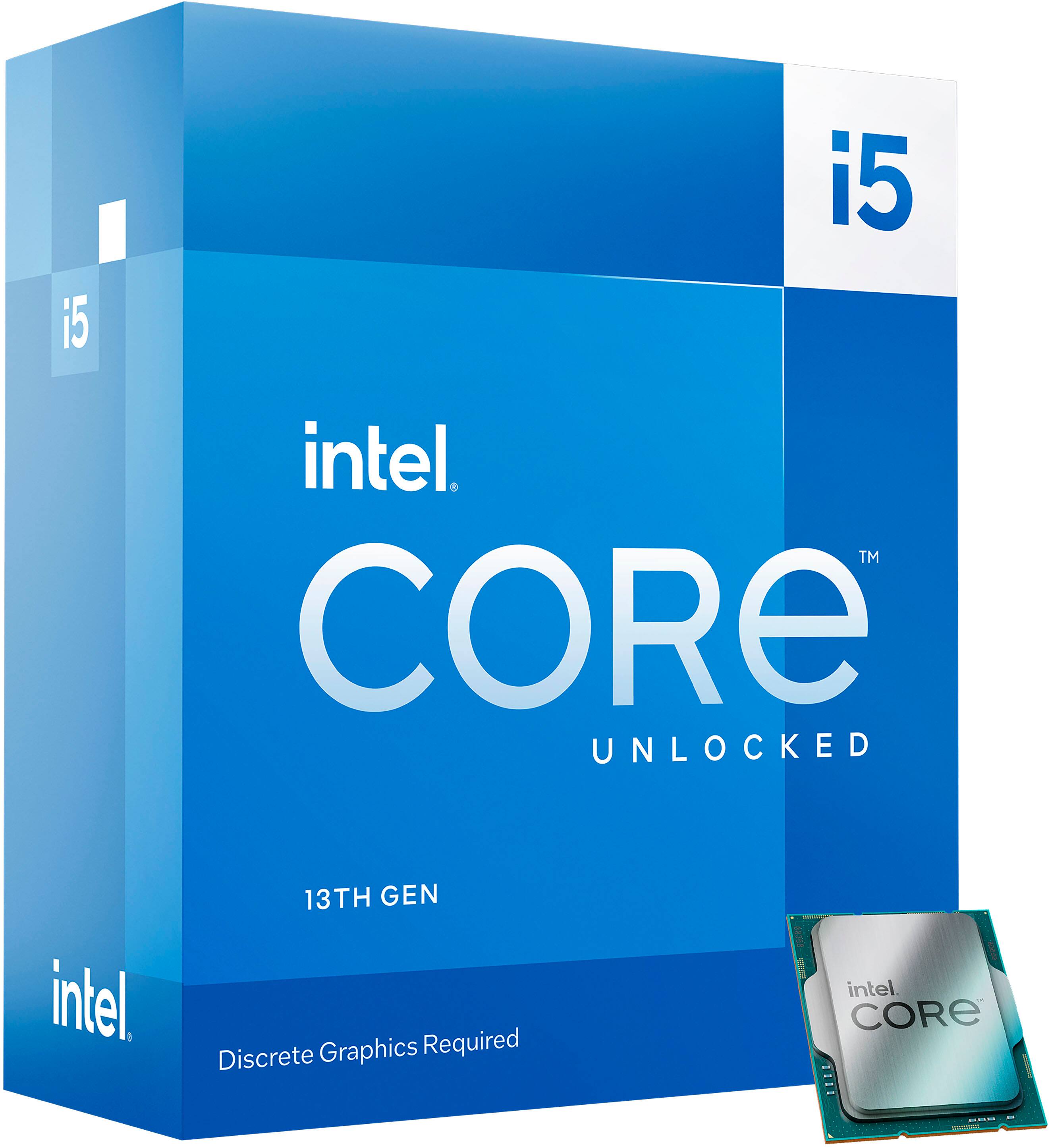 Alt View 1. Intel - Core i5-13600KF 13th Gen 14 cores 6 P-cores + 8 E-cores 24M Cache, 3.5p to 5.1 GHz LGA1700 Unlocked Desktop Processor - Grey/Black/Gold.