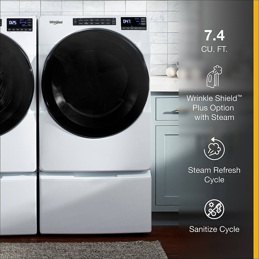 The image features two Whirlpool washing machines, one on the left and one on the right, placed in a kitchen setting. The machines are white and have a wrinkle shield feature, which is a plus option with steam refresh cycle and sanitize cycle. The machines are designed to provide efficient and effective laundry solutions for users.