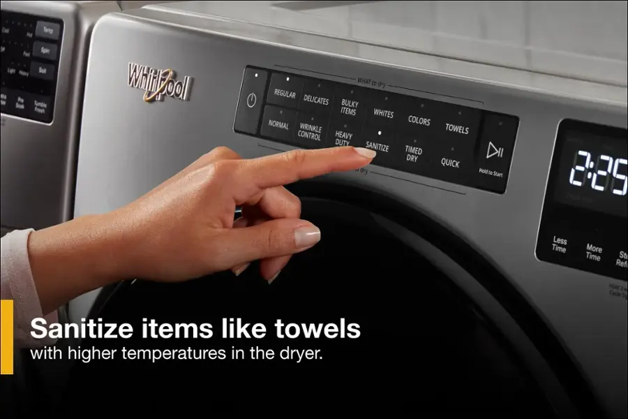 Electric Dryers:

* Sanitize items like towels with higher temperatures in the dryer.
* Control heavy duty.
* Sensing check.
* Hold to start.
* 8:85.
* Vent less time.
* More time.
* Quick dry.
* Hold E S cycle.
* Sign.