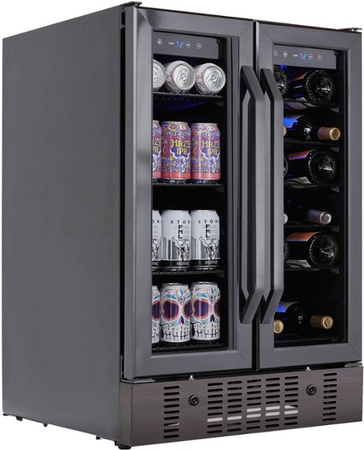 Newair 18 Bottle and 58 Can Built-in Dual Zone Wine and Beverage Cooler with French Doors and Adjustable Shelves – Black stainless steel