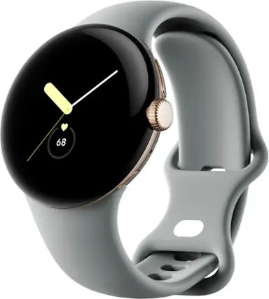 Front. Google - Pixel Watch Gold Stainless Steel Smartwatch 41mm with Hazel Active Band Wifi/BT - Gold/Hazel.