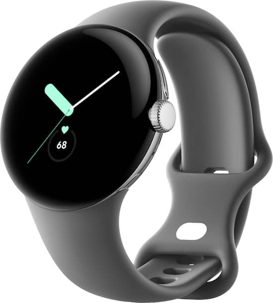 Front. Google - Pixel Watch Silver Stainless Steel Smartwatch 41mm with Charcoal Active Band Wifi/BT - Silver/Charcoal.