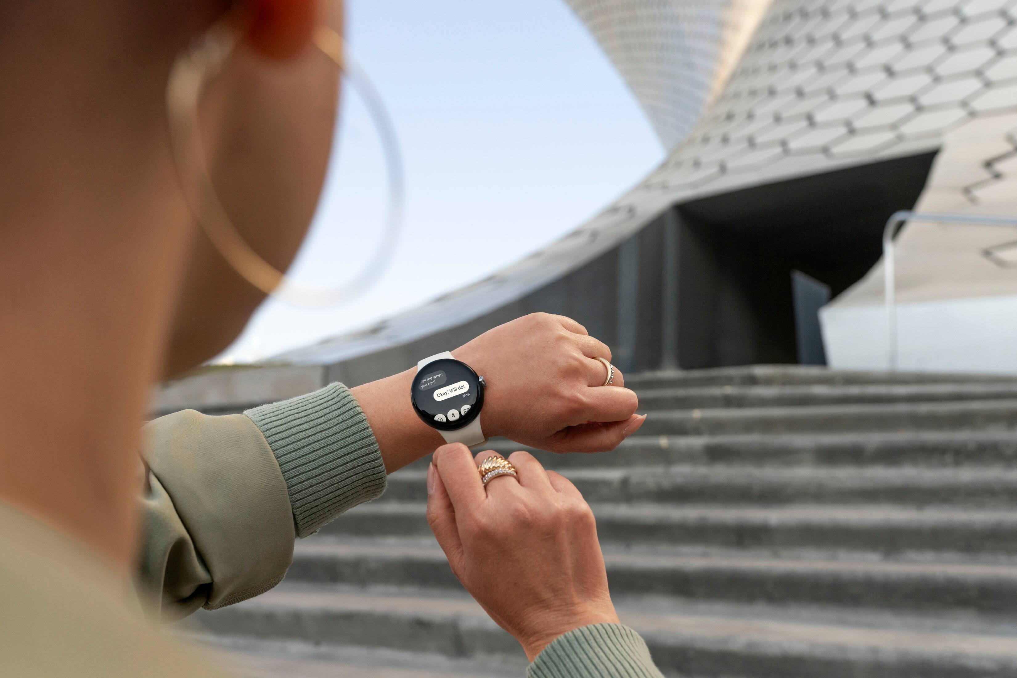 Alt View 2. Google - Pixel Watch Silver Stainless Steel Smartwatch 41mm with Chalk Active Band Wifi/BT - Silver/Chalk.