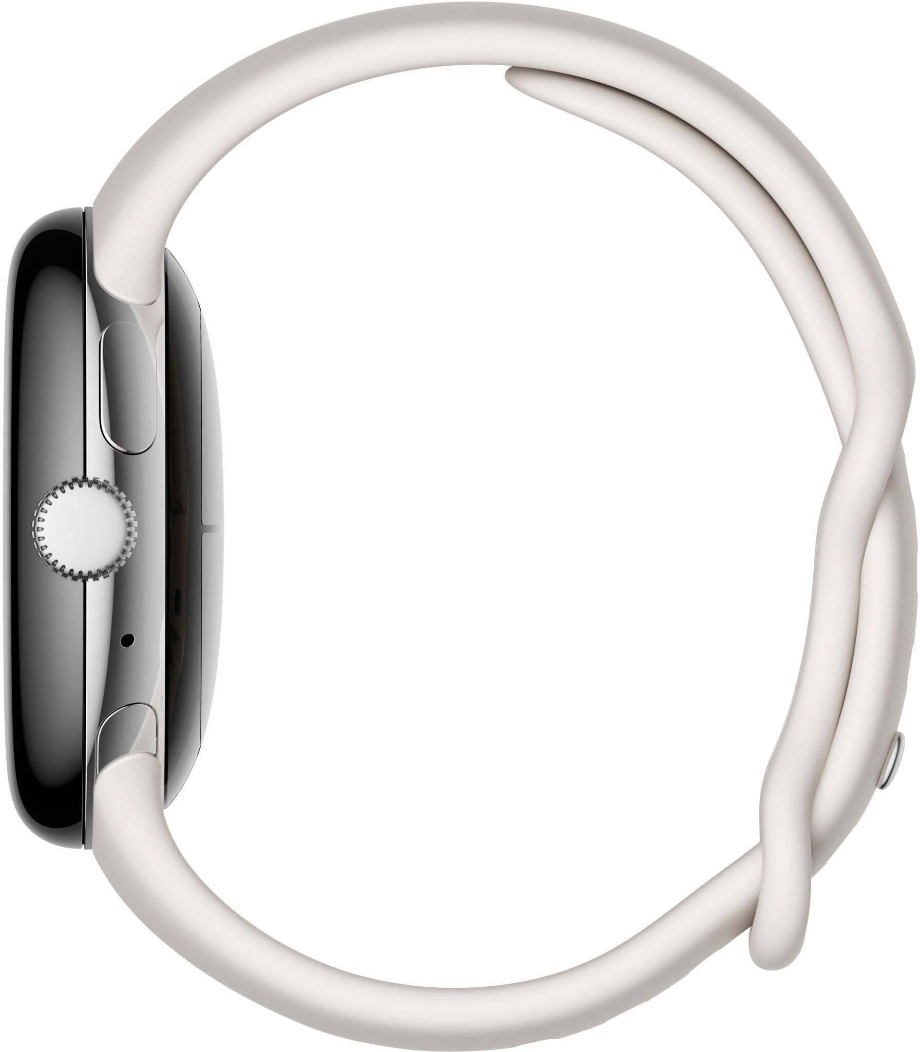 Left. Google - Pixel Watch Silver Stainless Steel Smartwatch 41mm with Chalk Active Band Wifi/BT - Silver/Chalk.