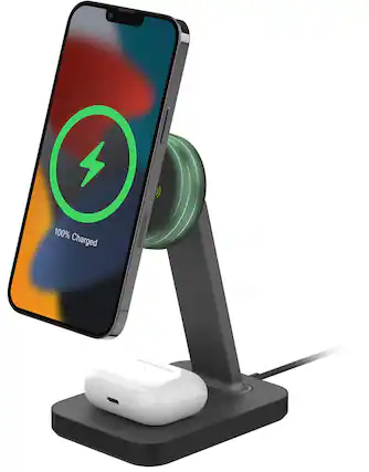 Front. mophie - snap+ 15W wireless charging stand & pad with MagSafe Compatibility - Black.
