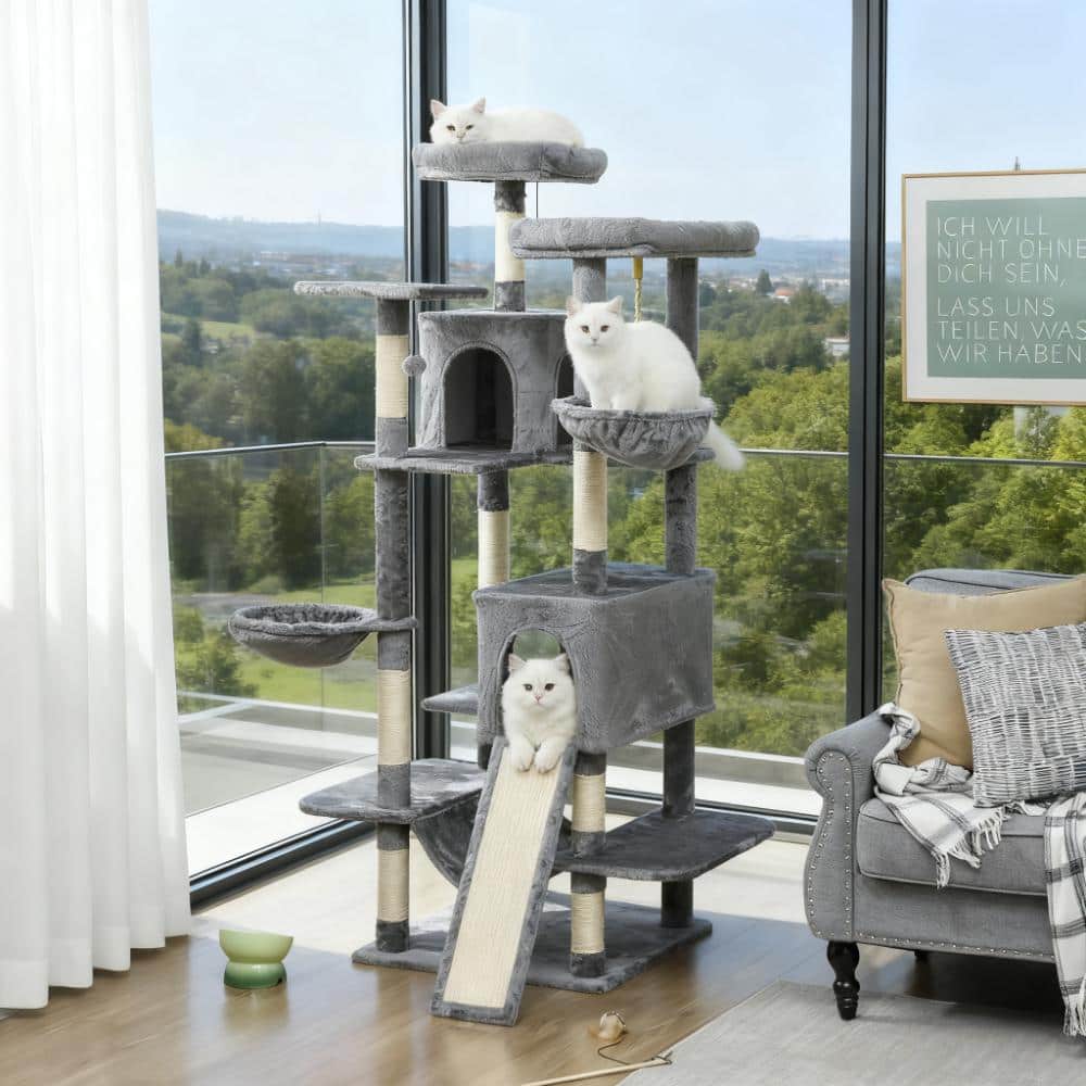 Siljoy - 68.5" Multi-Cat Tower Tree, Double Condo & Triple Hammock Cat Playground with Ramp & Anti-Tip Strap, Dark Gray