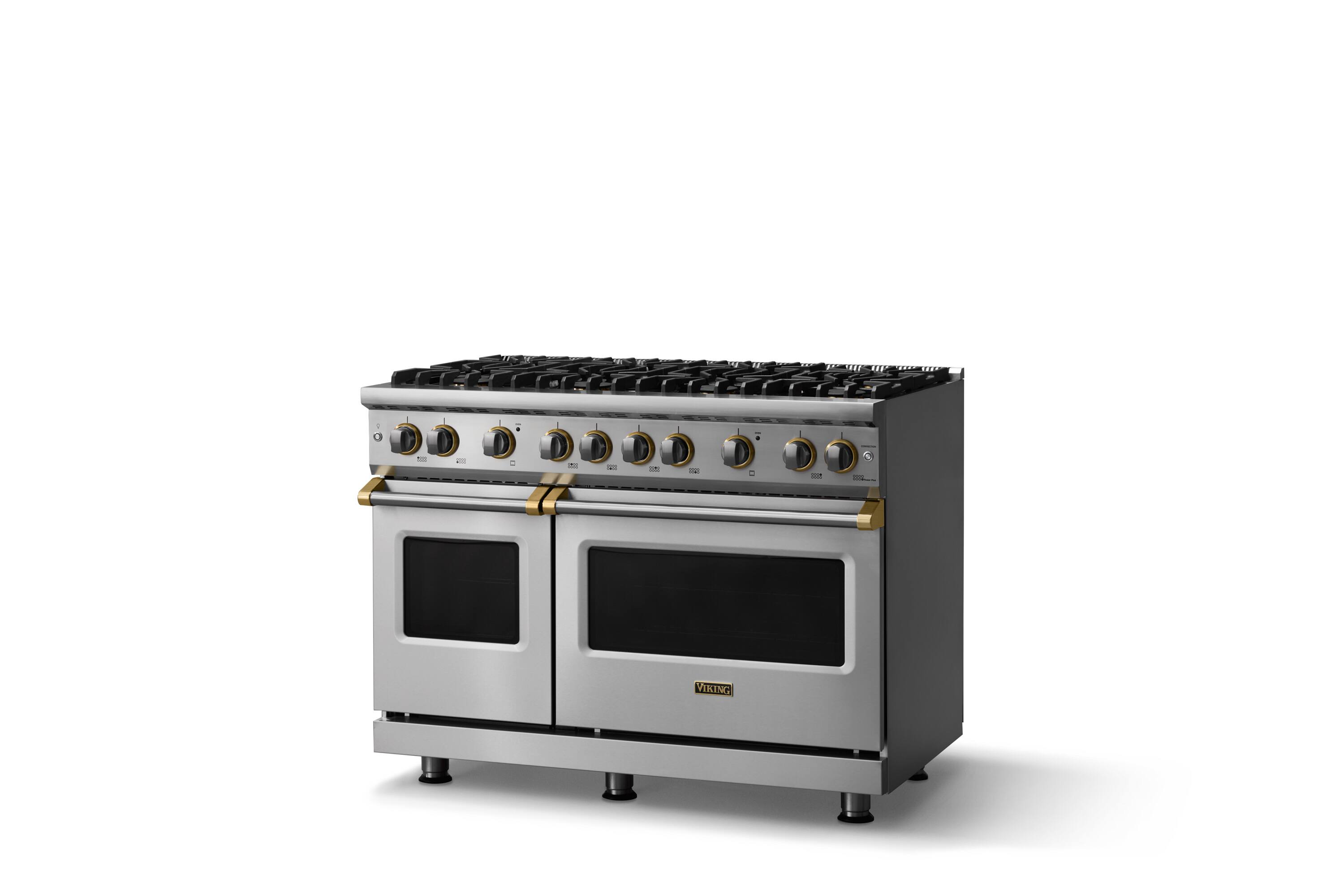 Angle. Viking - 48"W. 6.1 Cu.Ft. Freestanding Manual Clean Sealed 8B LP Gas Convection Range/Double Oven-Stainless Steel/Brushed Brass - Stainless Steel.
