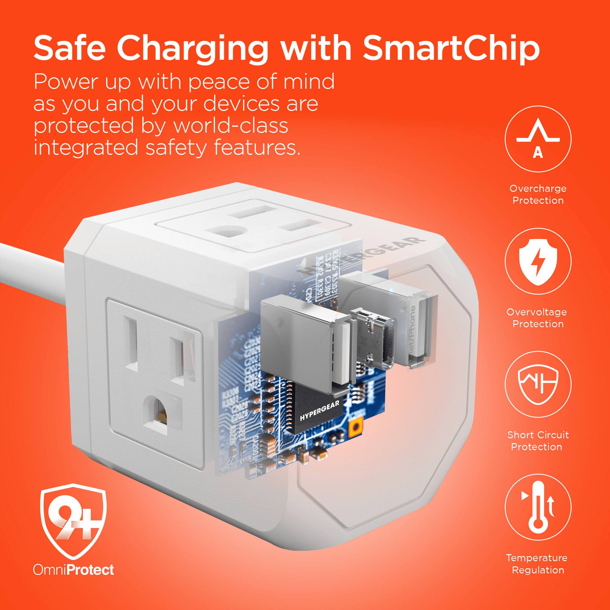Safe Charging with SmartChip  
Power up with peace of mind as you and your devices are protected by world-class integrated safety features.  

- Overcharge Protection  
- Overvoltage Protection  
- Short Circuit Protection  
- Temperature Regulation  

OmniProtect