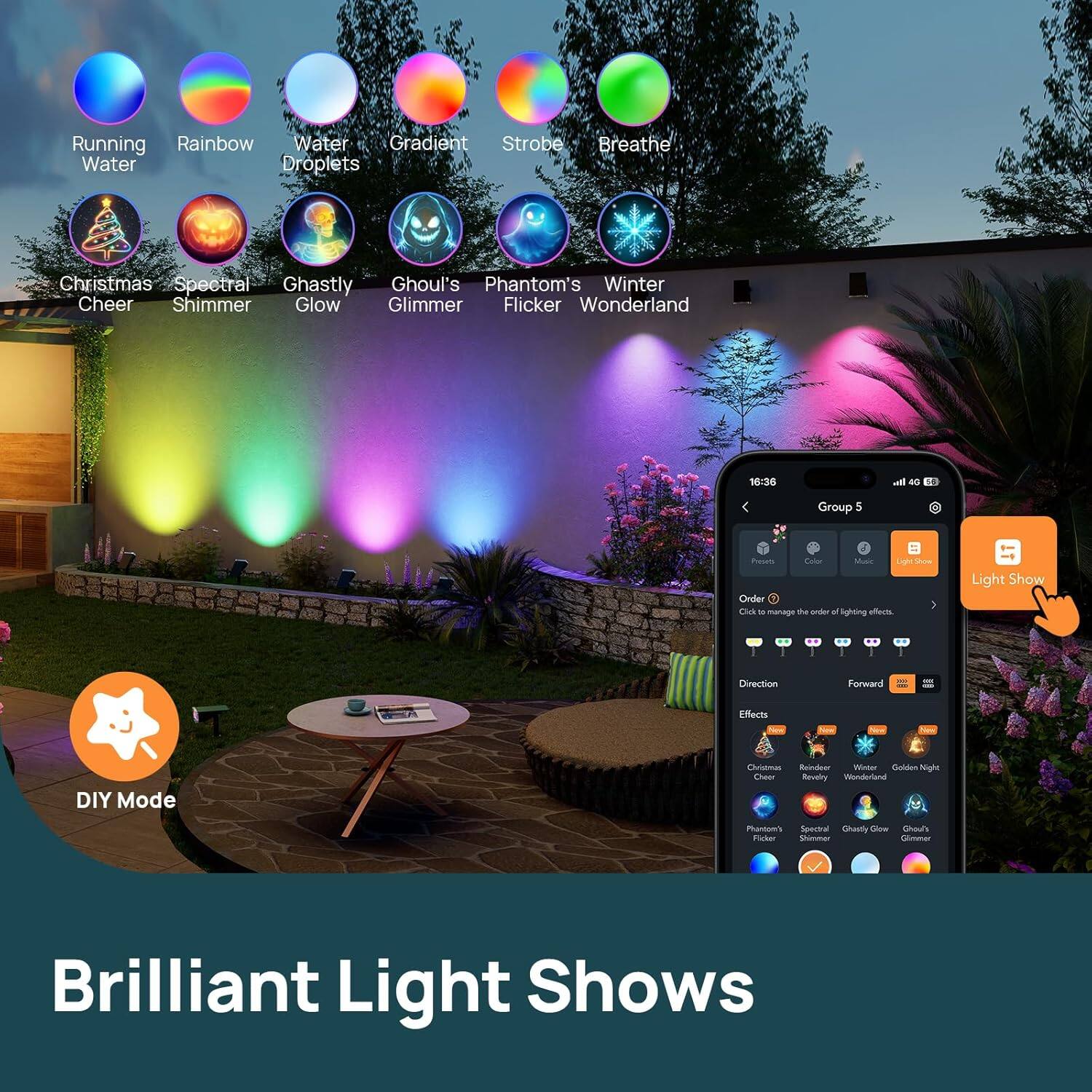 Running Rainbow Water Gradient Strobe Breathe Water Droplets Christmas Spectral Ghastly Ghoul's Phantom's Winter Wonderland

DIY Mode

Brilliant Light Shows

Group 5

Order: Click to change the order of lighting effects.

Direction: Forward

Effects: Christmas Cheer, Running Water, Golden Night, Winter Wonderland, Phantom's Flicker, Spectral Shimmer, Ghastly Glow, Ghoul's Glimmer

Light Show