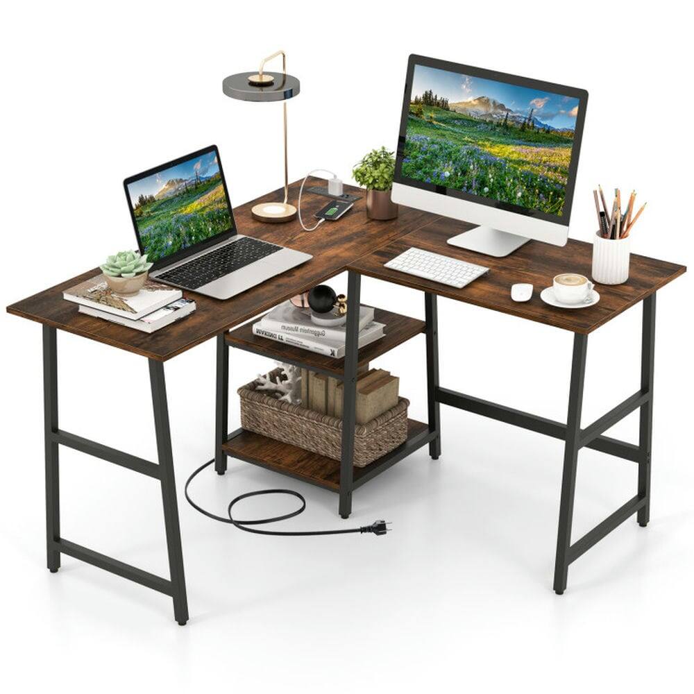 Pefilos - L Shaped Corner Computer Desk with Storage Shelves- Office Desk, Gaming Computer Desks for Study,Working,Writing - Brown
