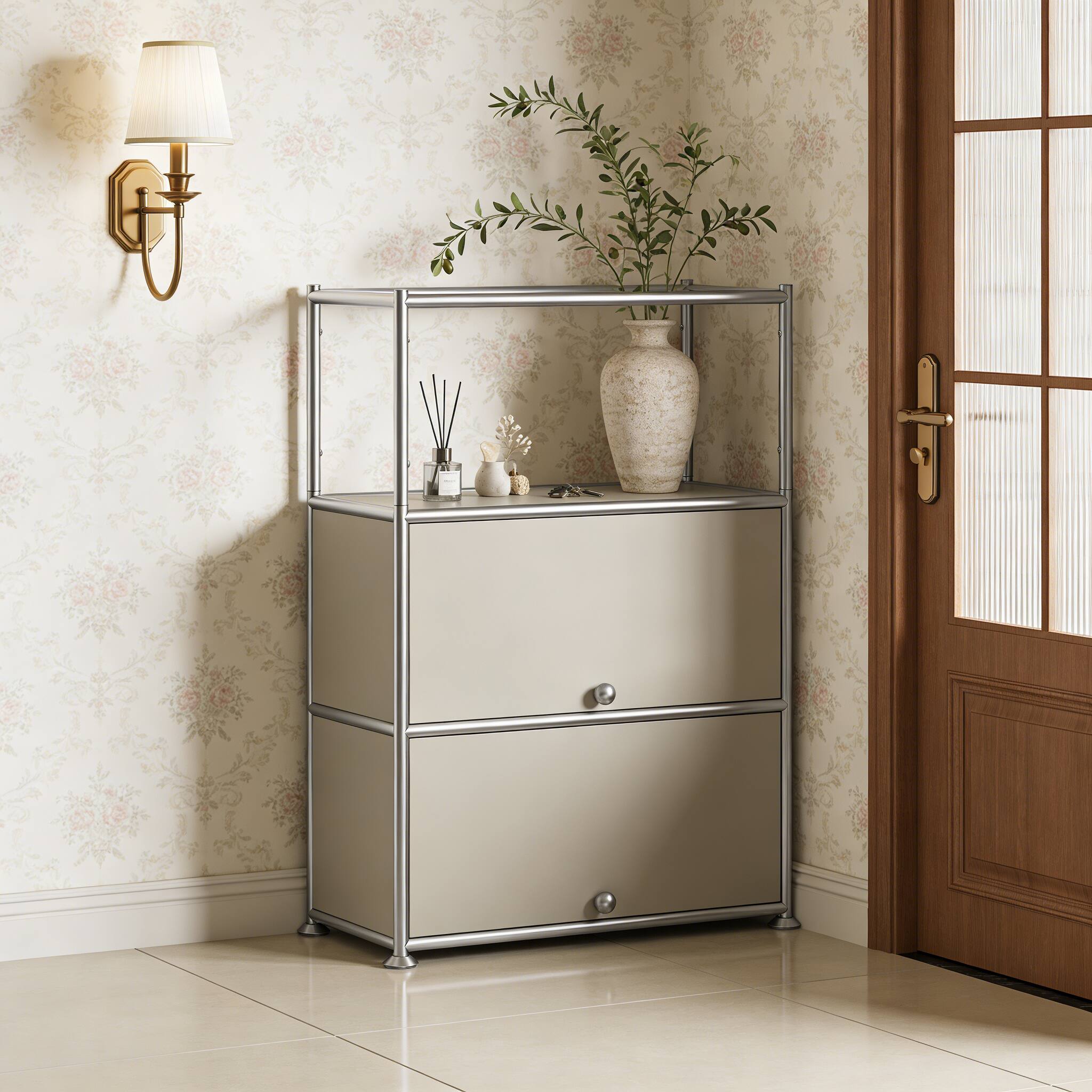 Back. Malletson - 3 Tier Modular Metal Sideboard Storage Cabinet, Modern Grid-Style, for Dining Room, Living Room or Office - Grey.