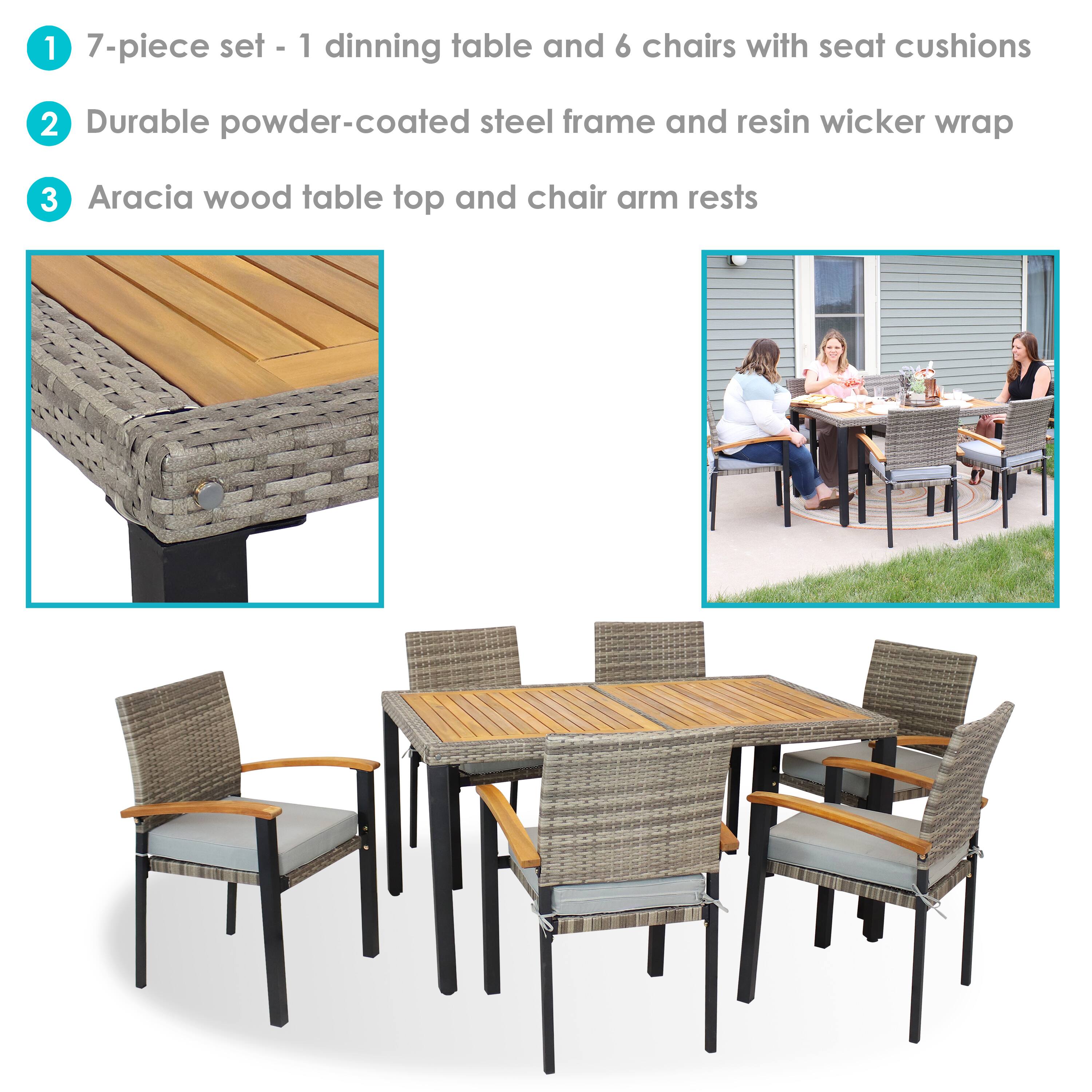 1. 7-piece set - 1 dining table and 6 chairs with seat cushions  
2. Durable powder-coated steel frame and resin wicker wrap  
3. Aracia wood table top and chair arm rests