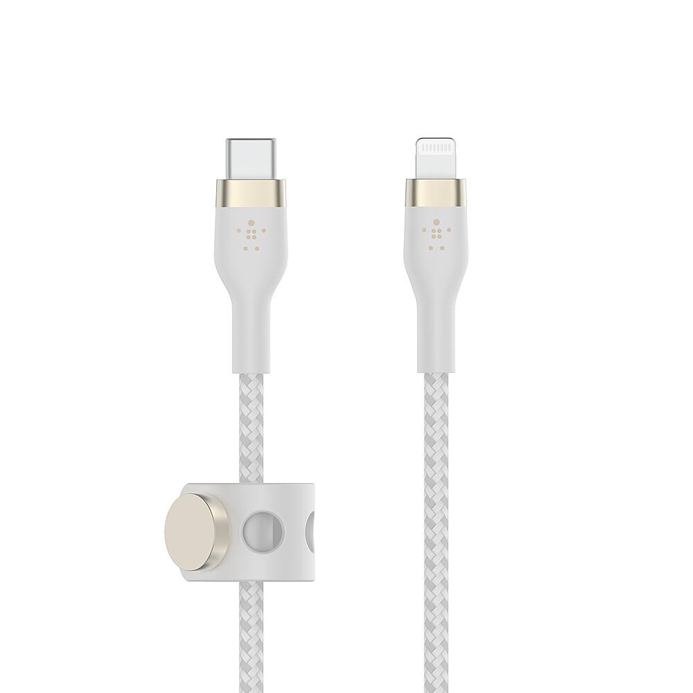 Angle. Belkin - BOOST↑CHARGE Pro Flex Braided Silicone USB-C to Lightning Cable 6.6FT, MFi-Certified Charging Cable with Cable Clip - White.
