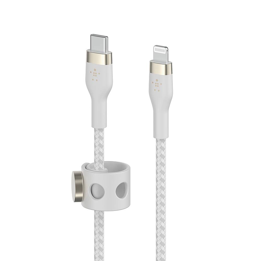 Left. Belkin - BOOST↑CHARGE Pro Flex Braided Silicone USB-C to Lightning Cable 6.6FT, MFi-Certified Charging Cable with Cable Clip - White.