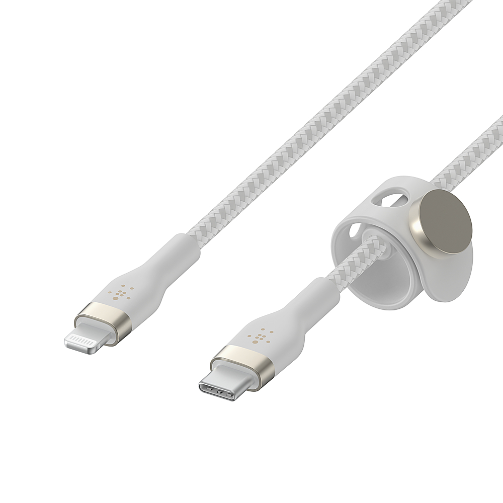 Left View: Belkin - BoostCharge Flex Silicone USB-C to Lightning Cable 6.6FT, MFi-Certified Charging Cable with Cable Clip - White