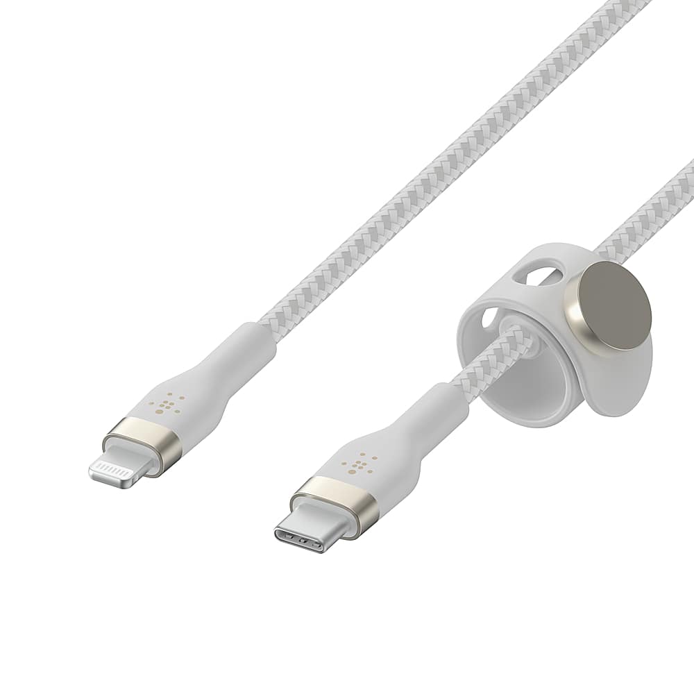 Left. Belkin - BoostCharge Pro Flex Braided Silicone USB-C to Lightning Cable 6.6FT, MFi-Certified Charging Cable with Cable Clip - White.