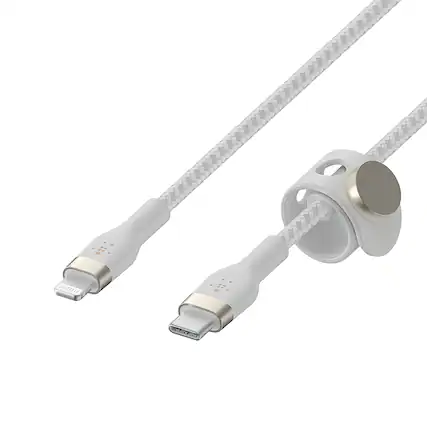 Left. Belkin - BoostCharge Pro Flex Braided Silicone USB-C to Lightning Cable 6.6FT, MFi-Certified Charging Cable with Cable Clip - White.