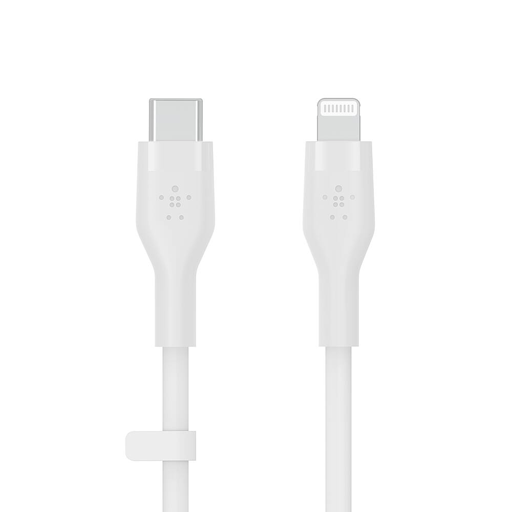 Angle. Belkin - BoostCharge Flex Silicone USB-C to Lightning Cable 6.6FT, MFi-Certified Charging Cable with Cable Clip - White.