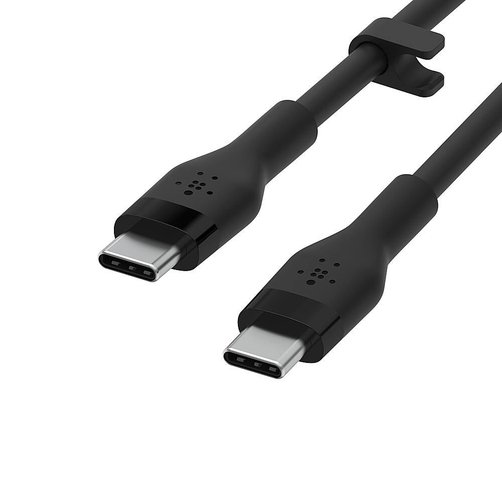 Left. Belkin - BoostCharge Flex Silicone USB-C to USB-C 6.6FT, MFi-Certified Charging Cable with Cable Clip - Black.