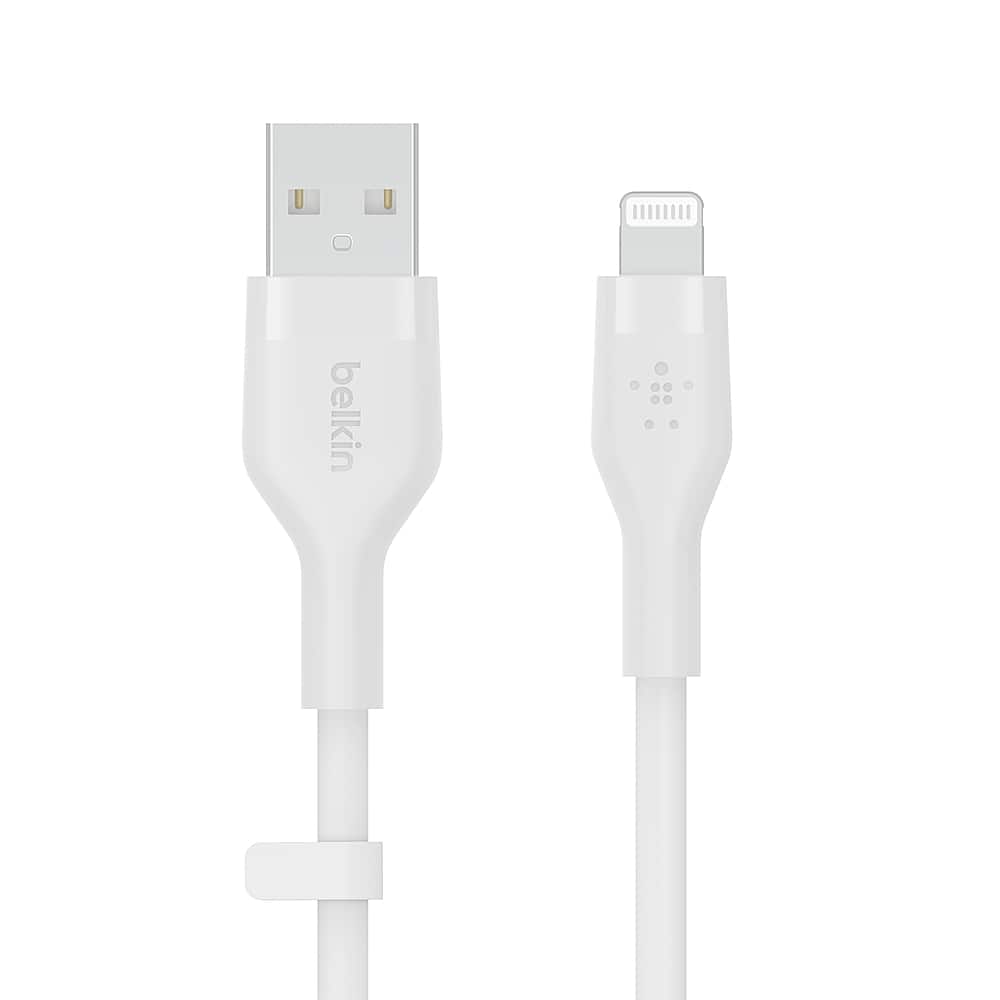 Angle. Belkin - BOOST↑CHARGE Flex Silicone USB-A to Lightning Cable, MFi-Certified Charging Cable for iPhone Series with Cable Clip - White.