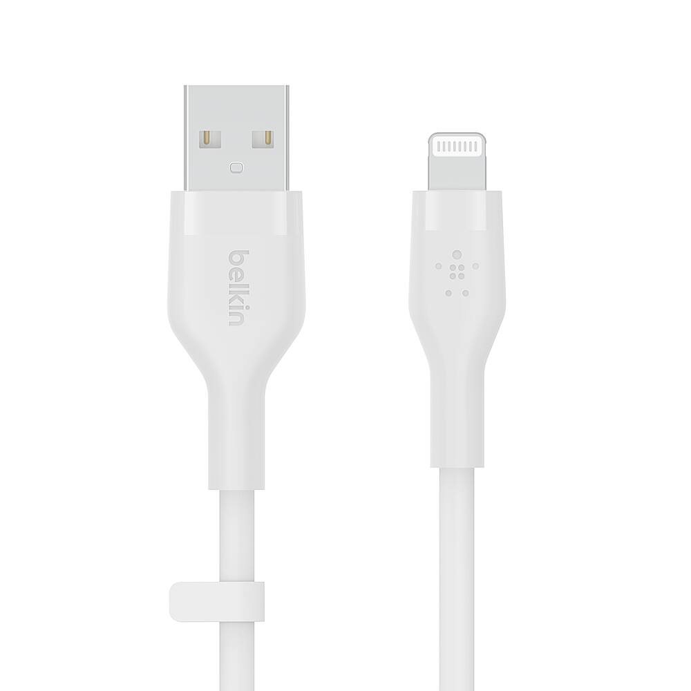 Angle. Belkin - BOOST↑CHARGE Flex Silicone USB-A to Lightning Cable, MFi-Certified Charging Cable for iPhone Series with Cable Clip - White.