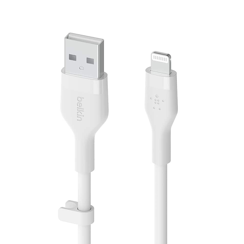 Front. Belkin - BOOST↑CHARGE Flex Silicone USB-A to Lightning Cable, MFi-Certified Charging Cable for iPhone Series with Cable Clip - White.