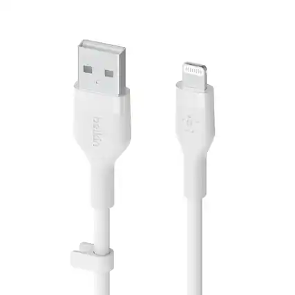Front. Belkin - BoostCharge Flex Silicone USB-A to Lightning Cable 6.6FT, MFi-Certified Charging Cable for iPhone Series with Cable Clip - White.