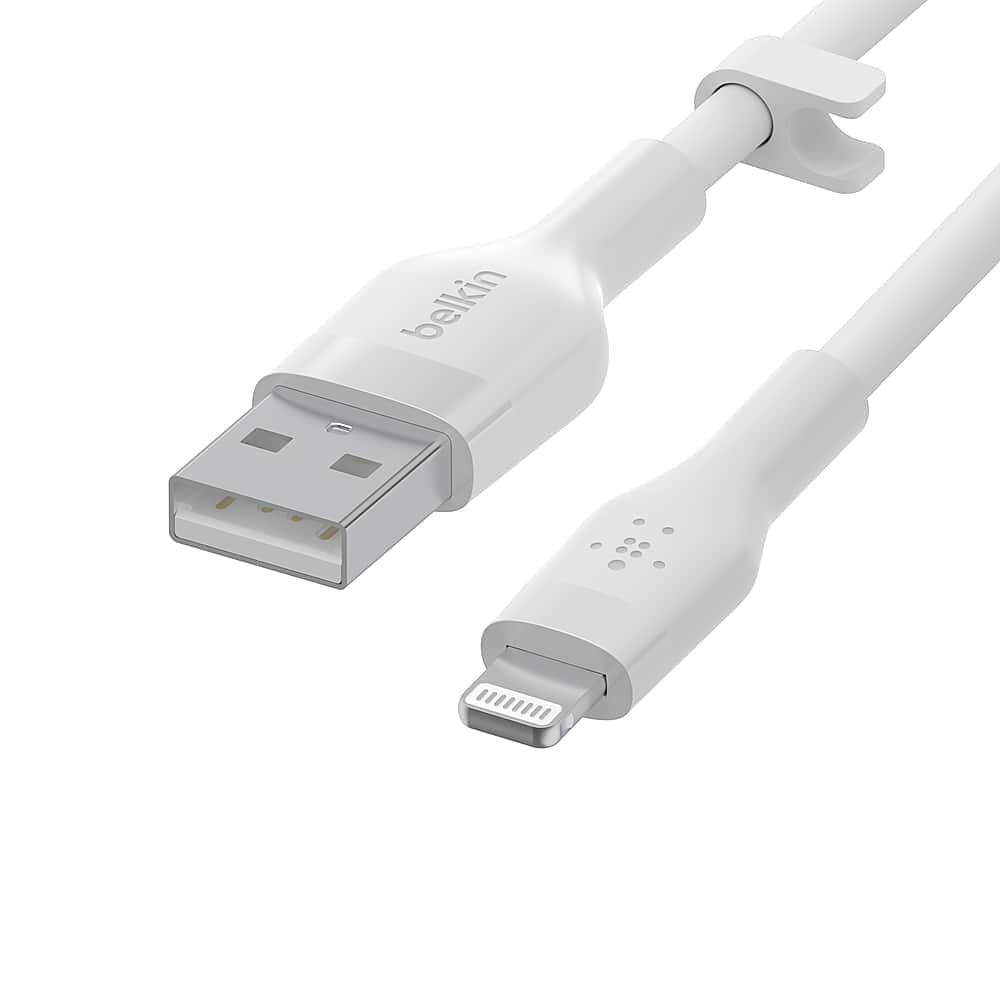 Left. Belkin - BoostCharge Flex Silicone USB-A to Lightning Cable 6.6FT, MFi-Certified Charging Cable for iPhone Series with Cable Clip - White.