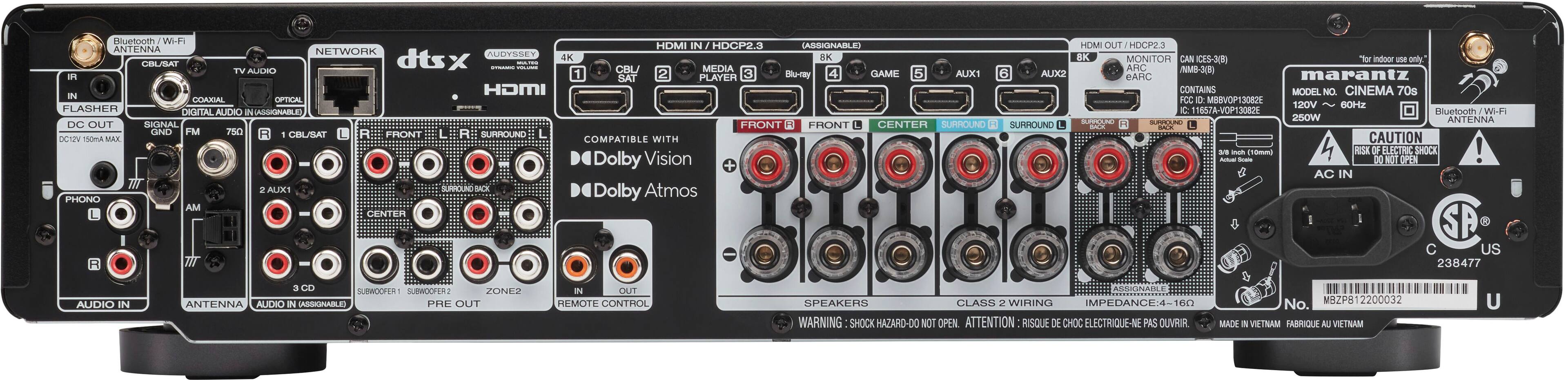 Back. Marantz - Cinema 70S 50W 7.2-Ch Bluetooth Capable with HEOS 8K Ultra HD HDR Compatible A/V Home Theater Receiver with Alexa - Black.