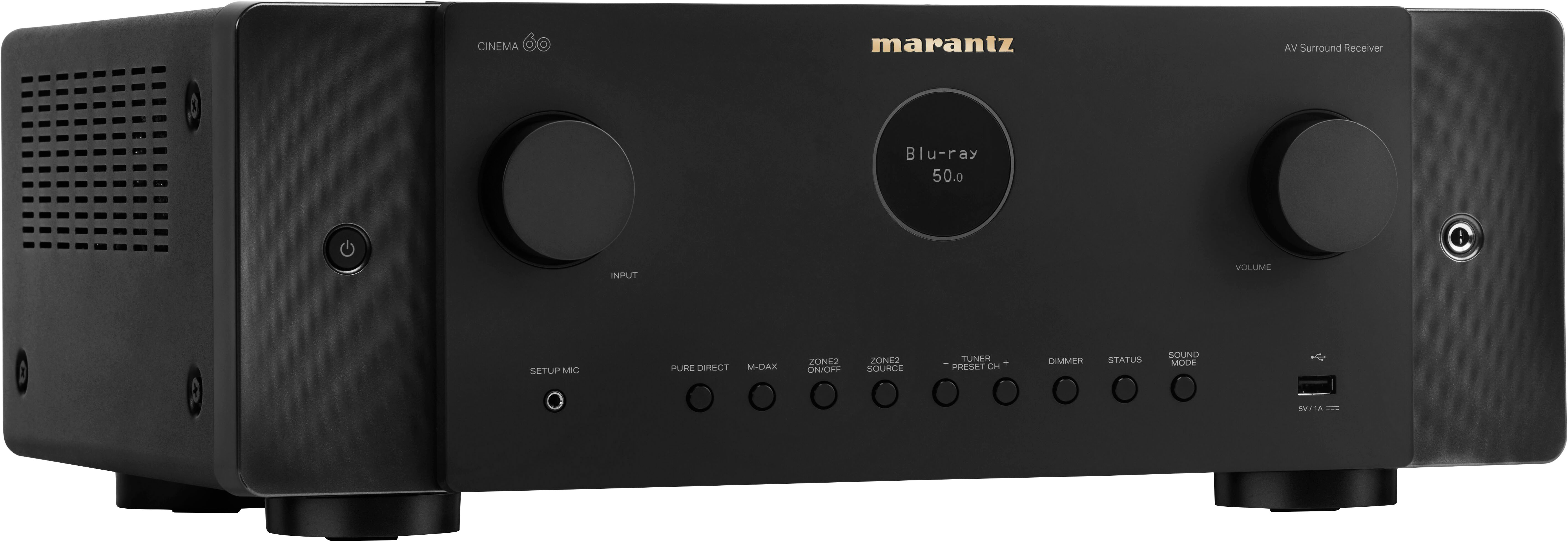 Left View: Marantz - Cinema 60 100W 7.2-Ch Bluetooth Capable with HEOS 8K Ultra HD HDR Compatible A/V Home Theater Receiver with Alexa - Black