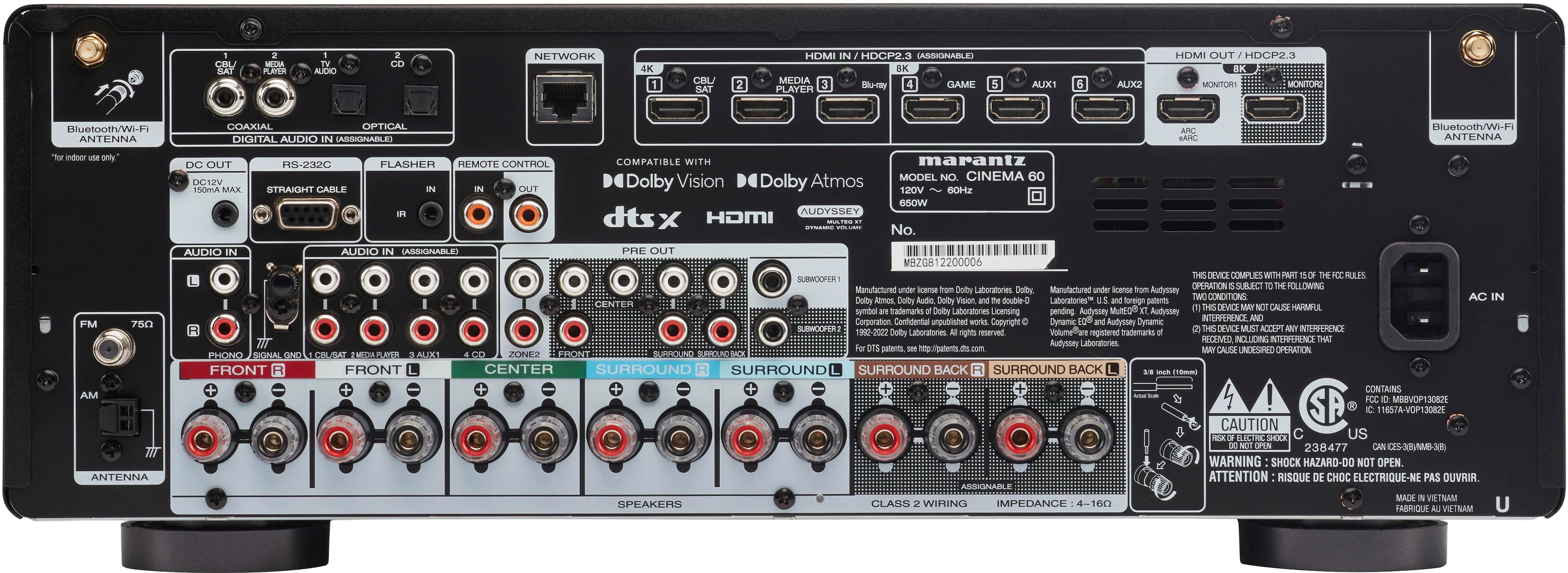 Back. Marantz - Cinema 60 100W 7.2-Ch Bluetooth Capable with HEOS 8K Ultra HD HDR Compatible A/V Home Theater Receiver with Alexa - Black.